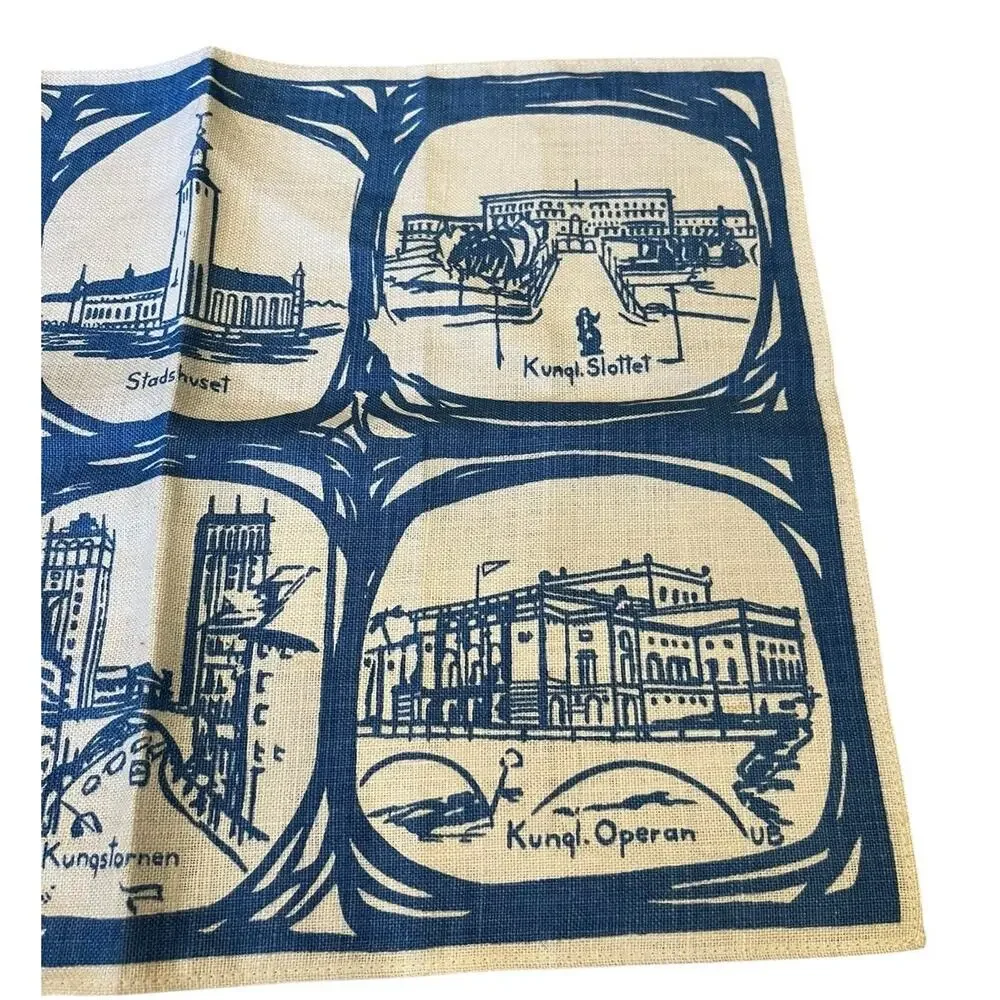 Vtg Swedish Table Linen Placemat Table Topper Buildings Landmarks Blue 13x17”